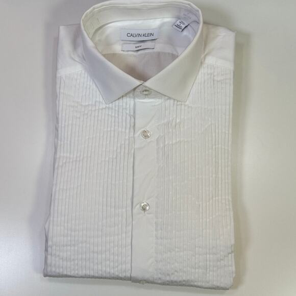 Calvin Klein Men's Slim-Fit Pleat front French Cuff Dress Shirt 16.5 36/37 $125 - Picture 2 of 6